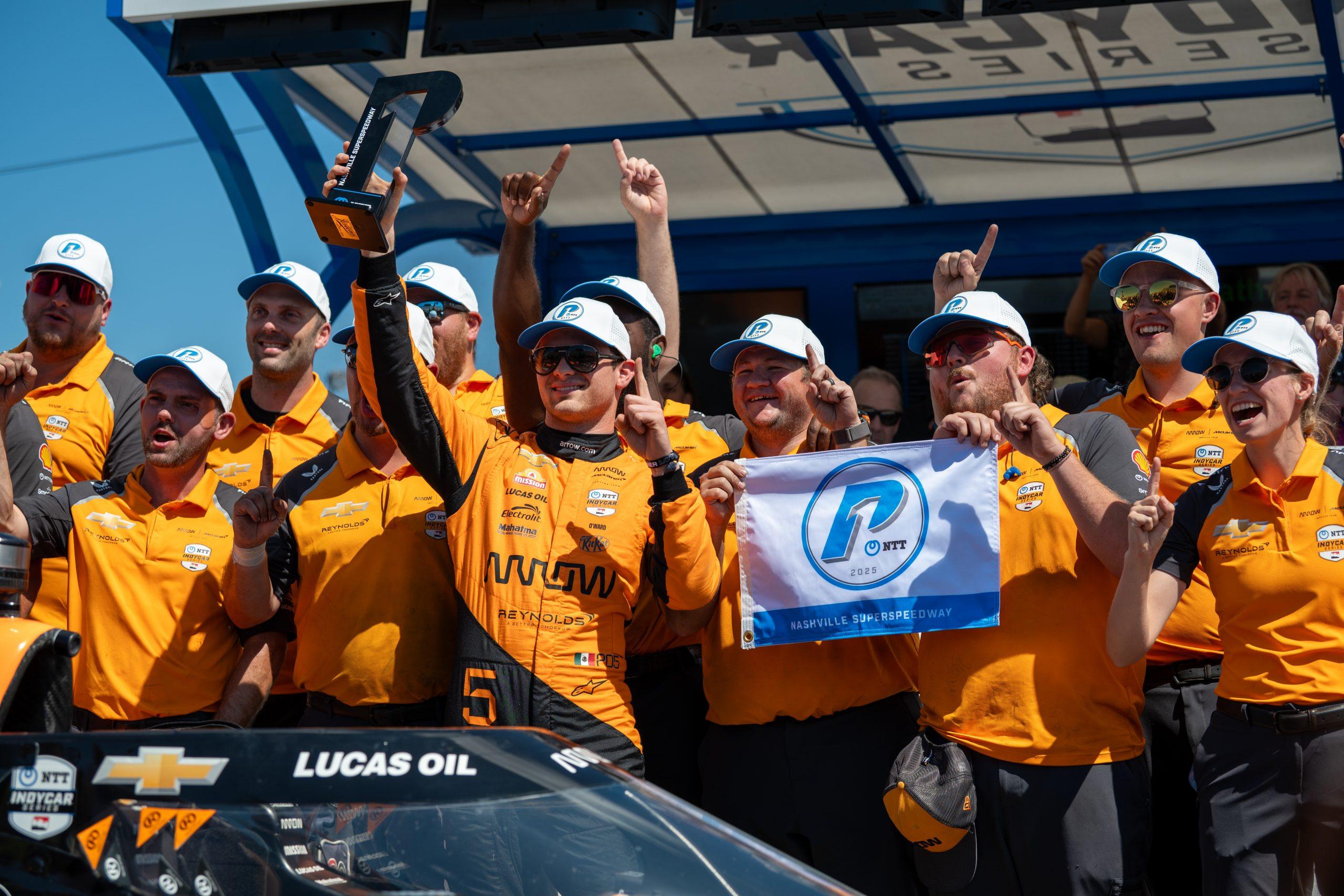 Pato O'Ward celebrates his NTT P1 Award for the Borchetta Bourbon Music City Grand Prix at Nashville Superspeedway (Photo: Anthony Sylvia | The Podium Finish).