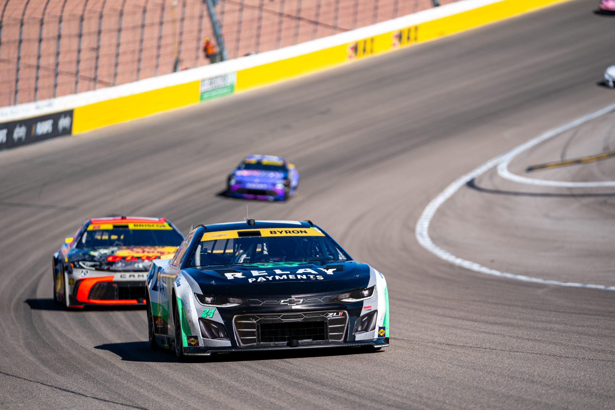 William Byron (front) rips his No. 24 Relay Payments Cheverolet through Turn 4 during the South Point 400 at Las Vegas Motor Speedway.