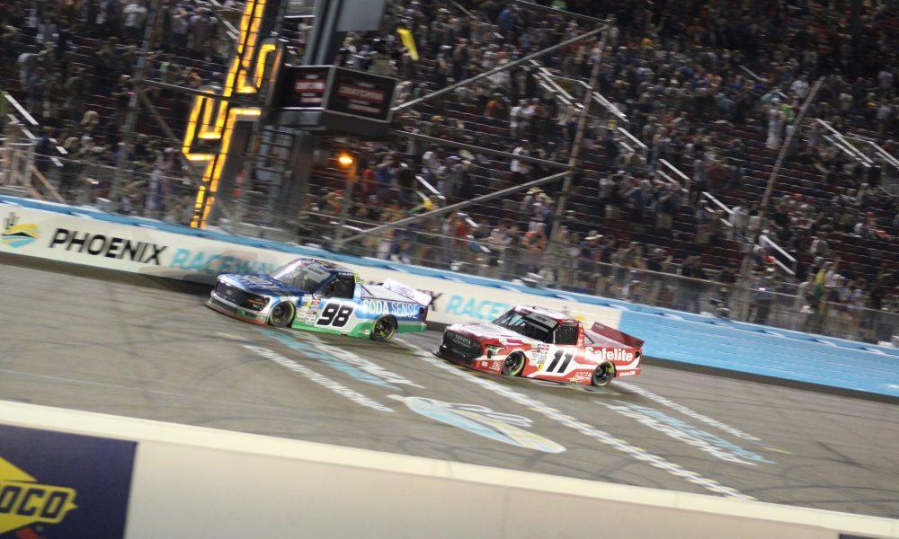 Ty Majeski (left) and Corey Heim (right) battling for the NASCAR Craftsman Truck Series Championship at Phoenix Raceway. (Photo: Michael Donahue | The Podium Finish)