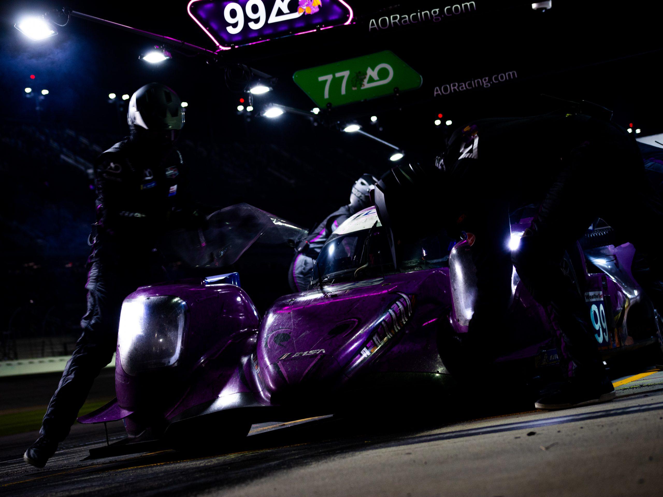 AO Racing's No. 99 receiving late night pit service during the 2025 Rolex 24 at Daytona. (Photo: Jared Bokanoski | The Podium Finish)