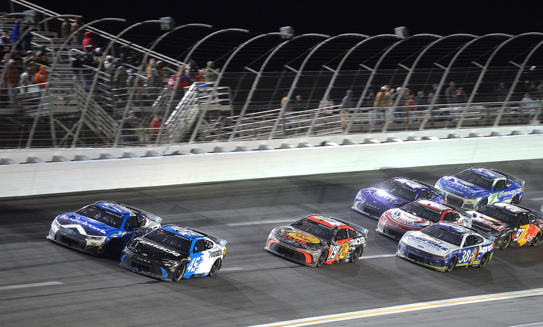 Chase Briscoe tailed fellow Toyota driver Tyler Reddick as Carson Hocevar made aggressive moves towards the front of the field at EchoPark Speedway. (Photo: Phil Cavali | The Podium Finish)