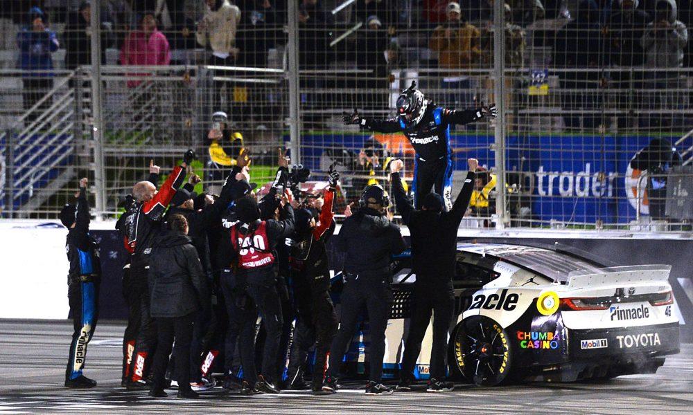 Tyler Reddick celebrating with the No. 45 23XI Racing team after his second victory in a row this season at EchoPark Speedway. (Photo: Phil Cavali | The Podium Finish)