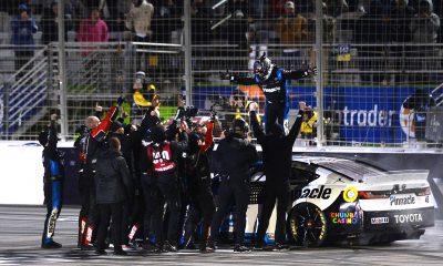 Tyler Reddick celebrating with the No. 45 23XI Racing team after his second victory in a row this season at EchoPark Speedway. (Photo: Phil Cavali | The Podium Finish)