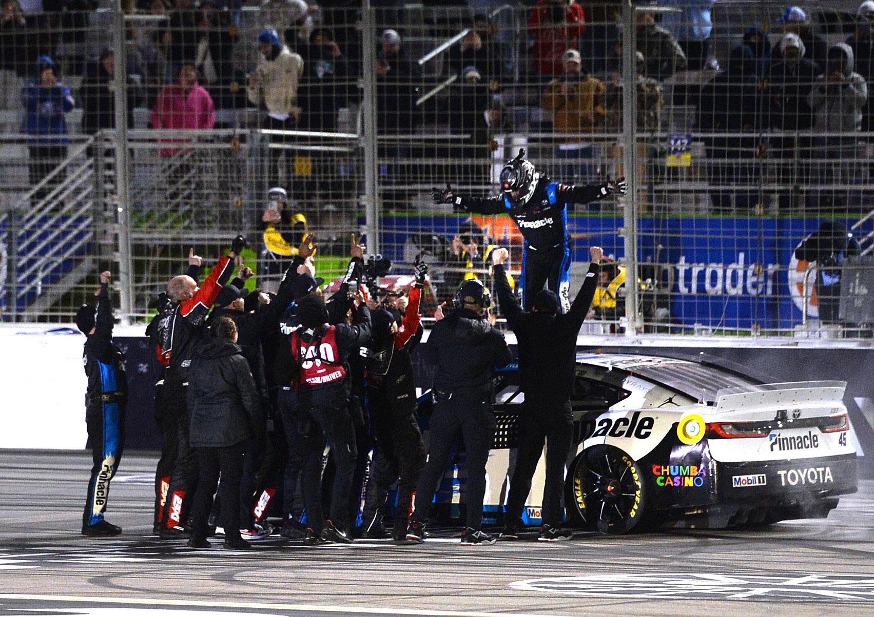 Tyler Reddick celebrating with the No. 45 23XI Racing team after his second victory in a row this season at EchoPark Speedway. (Photo: Phil Cavali | The Podium Finish)