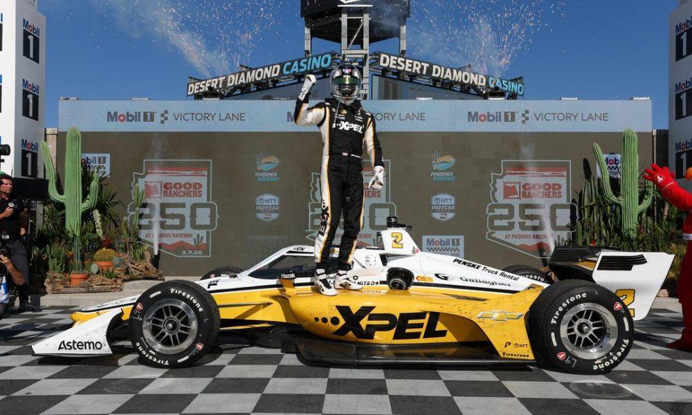Josef Newgarden celebrates in victory lane after capturing his 33rd career victory in the Good Ranchers 250 at Phoenix Raceway (Photo: Chris Owens | Penske Entertainment).