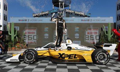 Josef Newgarden celebrates in victory lane after capturing his 33rd career victory in the Good Ranchers 250 at Phoenix Raceway (Photo: Chris Owens | Penske Entertainment).