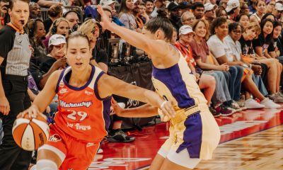 Phoenix Mercury guard Jovana Nogic (no. 29) guarding against Los Angeles Sparks guard Kelsey Plum during a game on May 21. (Photo- Trippy Traveler)