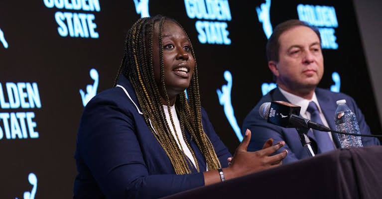 Golden State Valkyries General Manager Ohemaa Nyanin and Principal Owner Joe Lacob addressing the media prior to the 2025 WNBA Season (Photo | Golden State Valkyries)