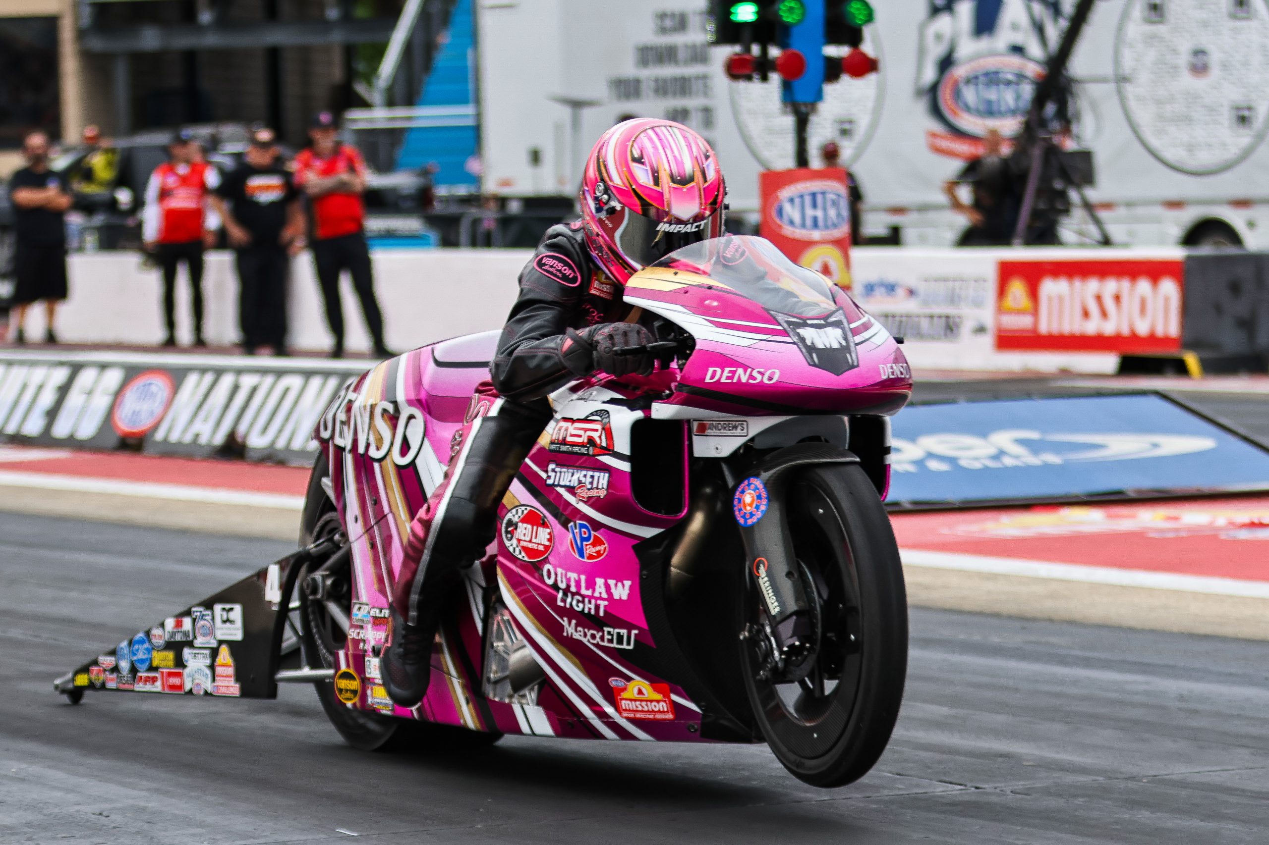 Angie Smith launches during qualifying for the NHRA Route 66 Nationals.