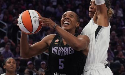 May 31, 2026; San Francisco, California, USA; Golden State Valkyries forward Kayla Thornton (5) drives to the basket while guarded by Las Vegas Aces center A'ja Wilson (22) in the third quarter at Chase Center. (Photo: David Gonzales | Imagn Images)