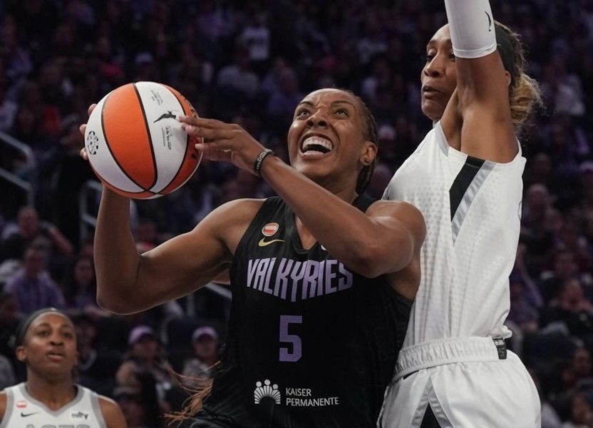 May 31, 2026; San Francisco, California, USA; Golden State Valkyries forward Kayla Thornton (5) drives to the basket while guarded by Las Vegas Aces center A'ja Wilson (22) in the third quarter at Chase Center. (Photo: David Gonzales | Imagn Images)