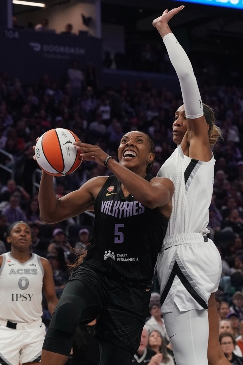 May 31, 2026; San Francisco, California, USA; Golden State Valkyries forward Kayla Thornton (5) drives to the basket while guarded by Las Vegas Aces center A'ja Wilson (22) in the third quarter at Chase Center. (Photo: David Gonzales | Imagn Images)