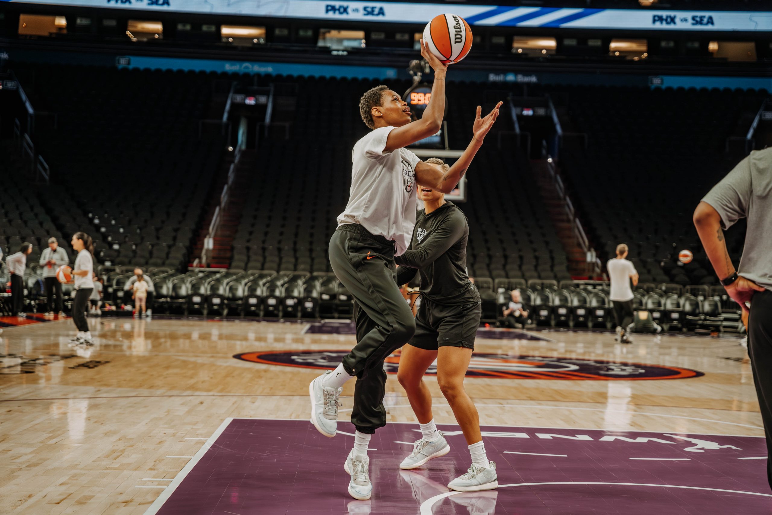 Phoenix Mercury forward Valeriane Ayayi (No. 11) warms up before a matchup against the Seattle Storm on June 20. (Photo- Adrianna Peralta, Trippy Traveler Media)