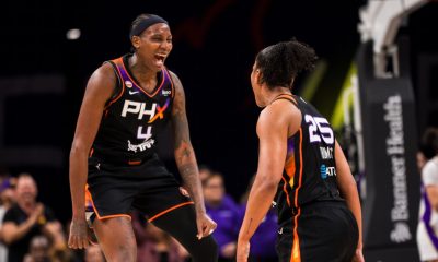 Phoenix Mercury teammates, center Natasha Mack (No. 4) and forward Alyssa Thomas (No. 25) celebrates during a home game against the Los Angeles Sparks on June 13. (Photo- Phoenix Mercury)