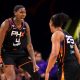 Phoenix Mercury teammates, center Natasha Mack (No. 4) and forward Alyssa Thomas (No. 25) celebrates during a home game against the Los Angeles Sparks on June 13. (Photo- Phoenix Mercury)