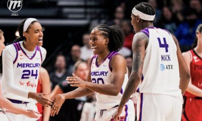 Phoenix Mercury teammates, DeWanna Bonner (no. 24), Sha Carter (No. 20) and Natasha Mack (no. 4) celebrate during game against the Portland Fire on June 5. (Photo- Phoenix Mercury)