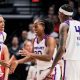 Phoenix Mercury teammates, DeWanna Bonner (no. 24), Sha Carter (No. 20) and Natasha Mack (no. 4) celebrate during game against the Portland Fire on June 5. (Photo- Phoenix Mercury)