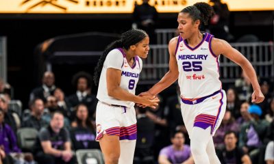 Phoenix Mercury guard Monique Akoa Makani (No. 8) and forward Alyssa Thomas (No. 25) celebrates during game against the Golden State Valkyries on June 9. (Photo- Phoenix Mercury)