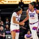 Phoenix Mercury guard Monique Akoa Makani (No. 8) and forward Alyssa Thomas (No. 25) celebrates during game against the Golden State Valkyries on June 9. (Photo- Phoenix Mercury)