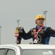 Jordan Vandergriff hoists his trophy after winning the Mission Foods 2 Fast, 2 Tasty Challenge at New England Dragway