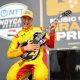 Alex Palou celebrates with the Gibson guitar trophy after claiming his fifth victory of 2026 in the Borchetta Bourbon Music City Grand Prix presented by OnlyBulls at Nashville Speedway (Photo: Chris Owens | Penske Entertainment).