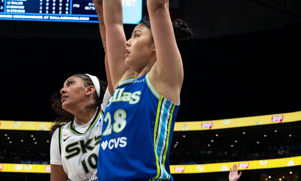 Dallas Wings center Li Yueru takes a shot against the Chicago Sky on Sunday, June 21, 2026 at American Airlines Center in Dallas. (Photo: Mason Garcia | The Podium Finish)