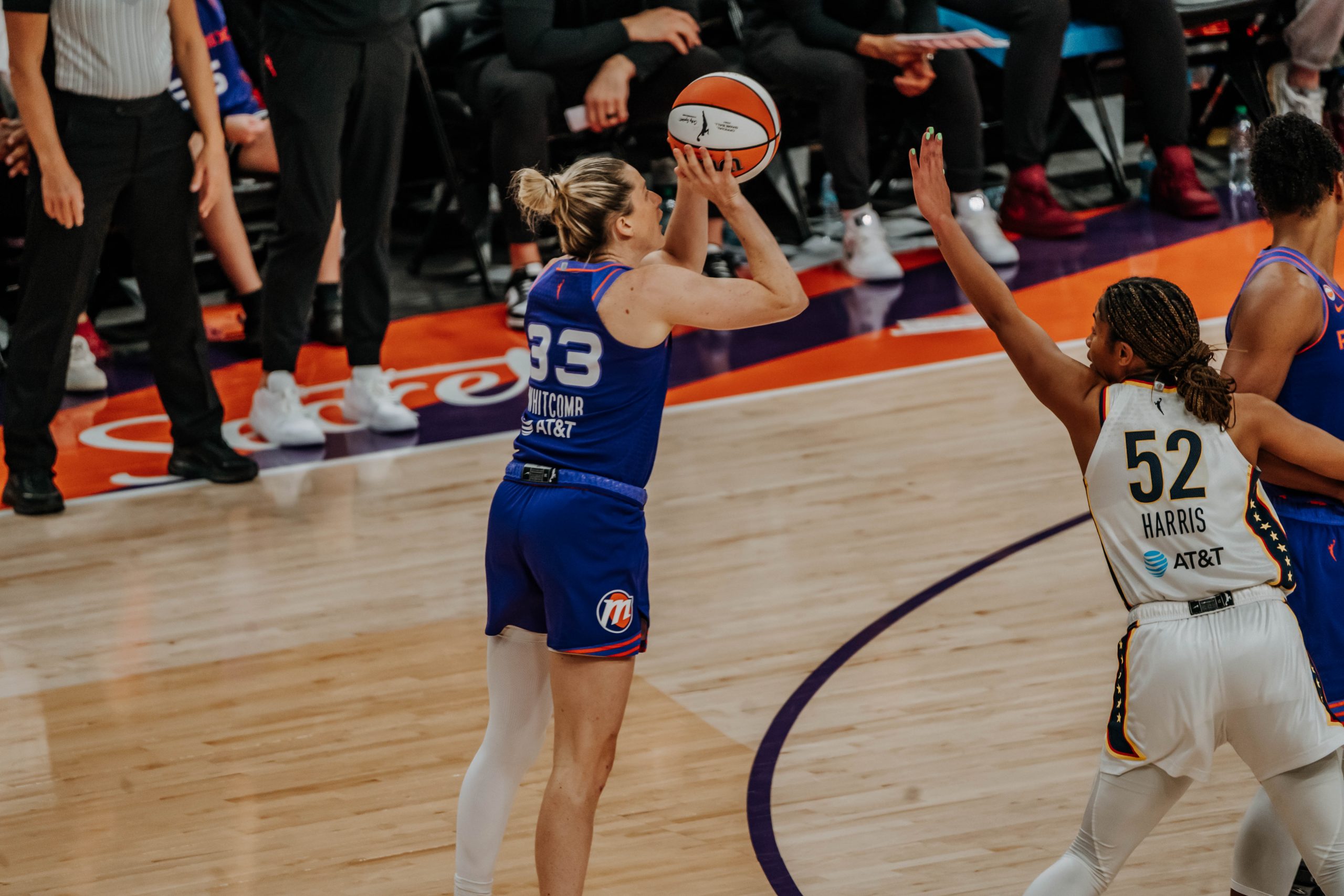 Phoenix Mercury guard Sami Whitcomb (No. 33) attempts a three-pointer during a game against the Indiana Fever at Mortgage Matchup Center on July 9 (Photo: Adrianna Peralta | The Podium Finish)