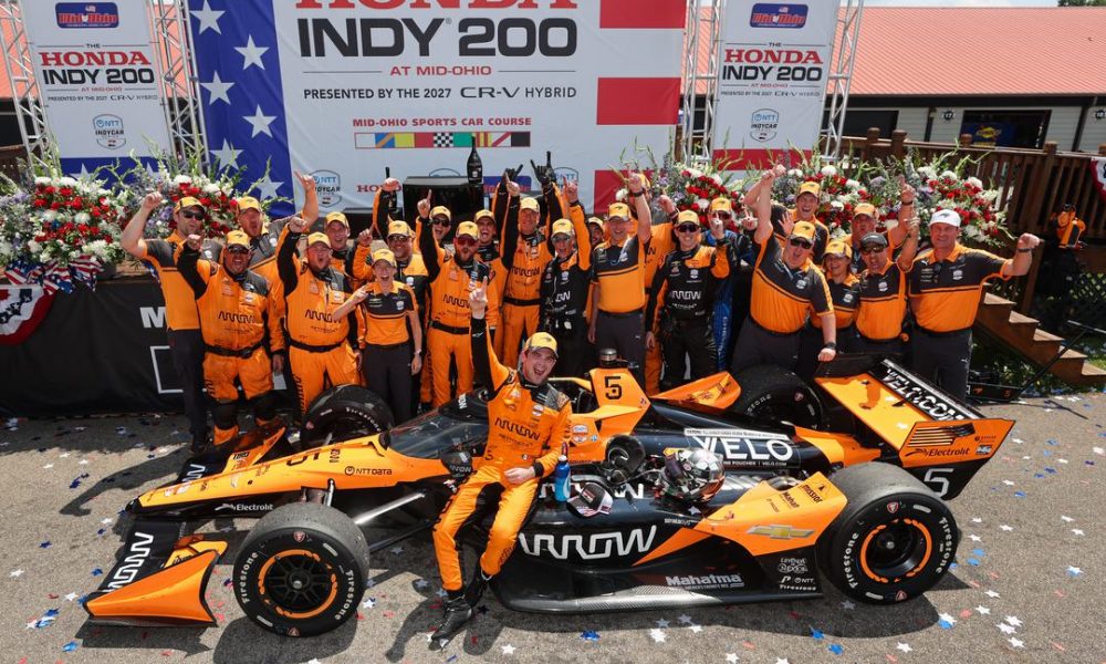 Pato O'Ward and his No. 5 Arrow McLaren team celebrate their first win of the season at Mid-Ohio Sports Car Course at the Honda Indy 200 presented by the 2027 CR-V Hybrid (Photo: Chris Owens | Penske Entertainment).